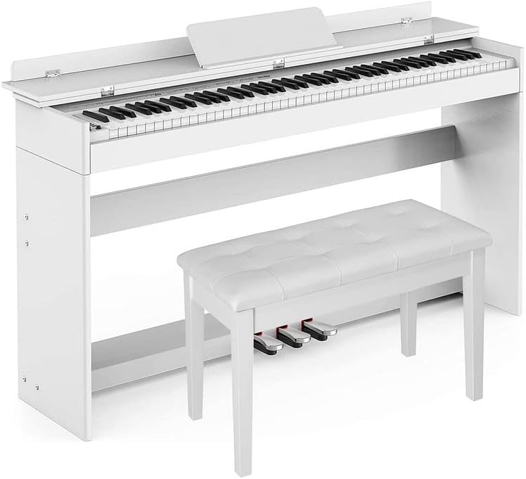 HEXANT 88-Key Weighted Digital Piano, Full-Size Semi-Weighted Upright Flip Electric Keyboard Piano with 3 Pedal and Multi-Functional Keyboard for Beginne(with Bench,White)