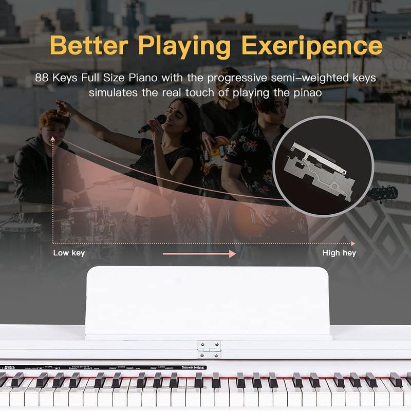 HEXANT 88-Key Weighted Digital Piano, Full-Size Semi-Weighted Upright Flip Electric Keyboard Piano with 3 Pedal and Multi-Functional Keyboard for Beginne(with Bench,White)